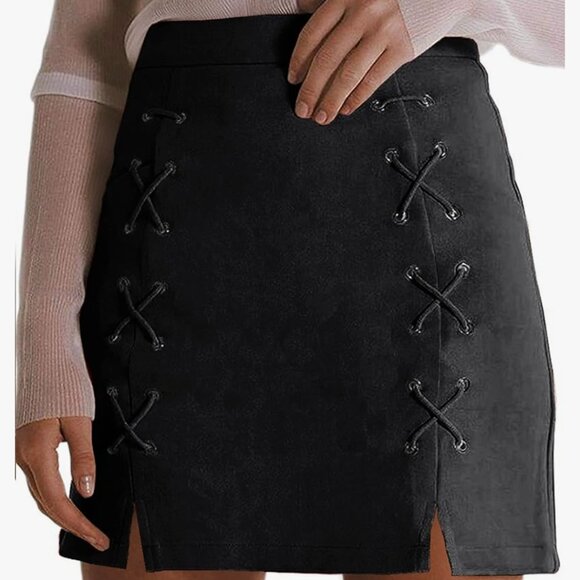Other Dresses & Skirts - Mini Faux Suede High Waist Lace Up Pencil Skirt Sz M